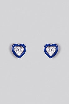 White Finish Swarovski Zirconia Enamelled Heart Stud Earrings In Sterling Silver