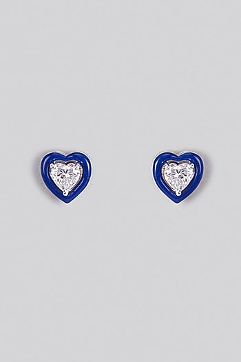 White Finish Swarovski Zirconia Enamelled Heart Stud Earrings In Sterling Silver