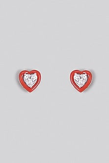 White Finish Swarovski Zirconia Enamelled Heart Stud Earrings In Sterling Silver