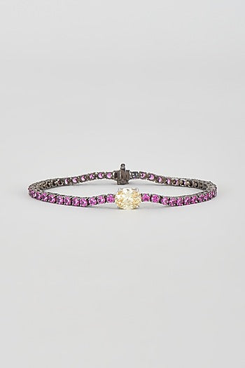 Black Rhodium Finish Red & Yellow Swarovski Zirconia Tennis Bracelet In Sterling Silver