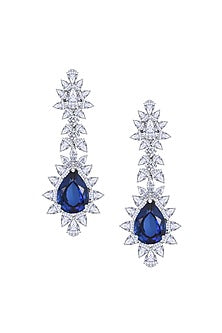 White Finish Pear-Cut Sapphire Stone & Swarovski Zirconia Dangler Earrings In Sterling Silver
