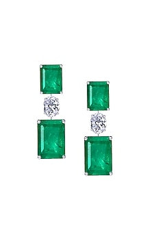 White Finish Emerald-Cut Swaorvski Zirconia & Emerald Stone Dangler Earrings In Sterling Silver