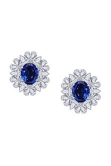 White Finish Sapphire Stone & Swarovski Zirconia Dangler Earrings In Sterling Silver