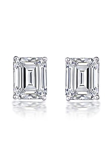 White Finish Emerald-Shaped Swarovski Zirconia Stud Earrings In Sterling Silver