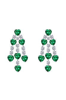 White Finish Emerald Stone & White Swarovski Zirconia Dangler Earrings In Sterling Silver