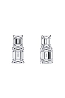 White Finish Emerald-Cut Swarovski Zirconia Stud Earrings In Sterling Silver