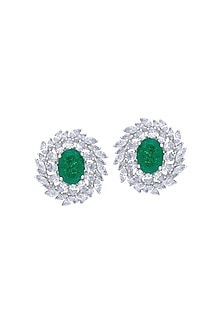 White Finish Oval-Cut Swarovski Zirconia & Emerald Stone Stud Earrings In Sterling Silver