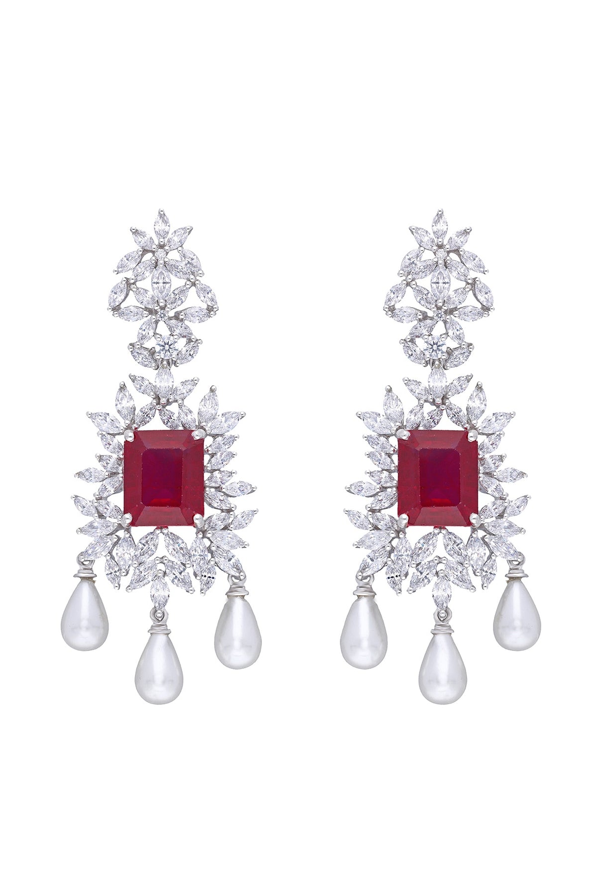 White Finish Ruby Stone & Swarovski Zirconia Chandelier Earrings In Sterling Silver