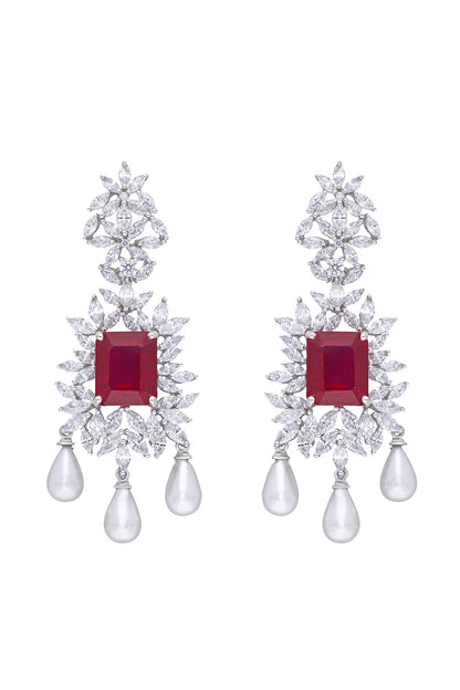 White Finish Ruby Stone & Swarovski Zirconia Chandelier Earrings In Sterling Silver