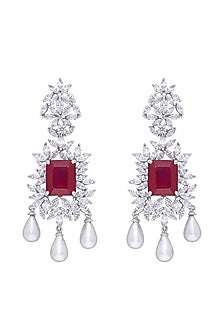 White Finish Ruby Stone & Swarovski Zirconia Chandelier Earrings In Sterling Silver
