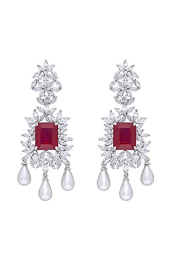 White Finish Ruby Stone & Swarovski Zirconia Chandelier Earrings In Sterling Silver