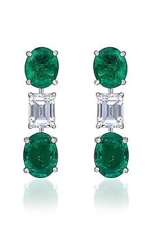 White Finish Oval-Shaped Emerald Stone & Swarovski Zirconia Earrings In Sterling Silver