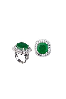 White Rhodium Finish Green Swarovski Zirconia Ring In Sterling Silver