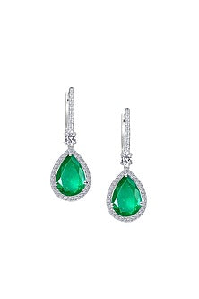 White Finish Pear-Cut Emerald Stone & Swarovski Zirconia Chandelier Earrings In Sterling Silver