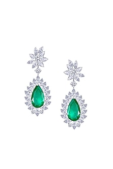 White Finish Pear-Cut Emerald Stone & Swarovski Zirconia Chandelier Earrings In Sterling Silver