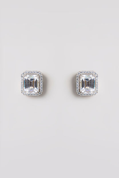 White Finish White Stone Stud Earrings In Sterling Silver