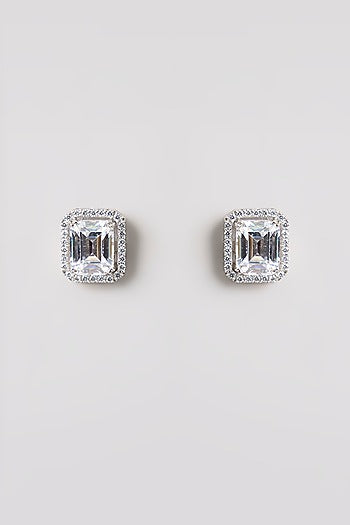 White Finish White Stone Stud Earrings In Sterling Silver