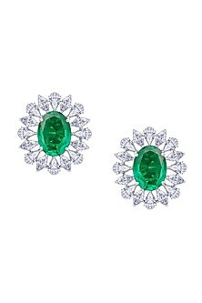 White Finish Oval-Cut Emerald Stone & Swarovski Zirconia Earrings In Sterling Silver