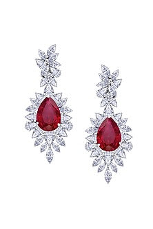 White Finish Pear-Shaped Ruby Stone & Swarovski Zirconia Dangler Earrings In Sterling Silver