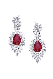 White Finish Pear-Shaped Ruby Stone & Swarovski Zirconia Dangler Earrings In Sterling Silver