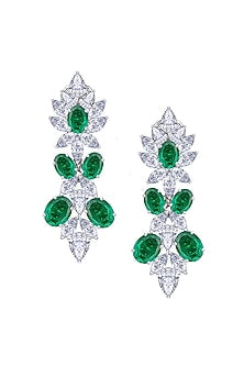 White Finish Emerald Stone & Swarovski Zirconia Chandelier Earrings In Sterling Silver