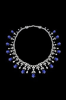 White Finish Mix-Shaped Sapphire Stone & Swarovski Zirconia Necklace In Sterling Silver
