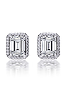 White Finish Emerald-Shaped Swarovski Zirconia Halo Stud Earrings In Sterling Silver