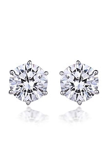 White Finish Round-Shaped Swarovski Zirconia Solitaire Stud Earrings In Sterling Silver