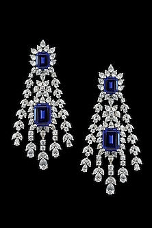 White Finish Mix-Shaped Sapphire Stone & Swarovski Zirconia Chandelier Earrings In Sterling Silver