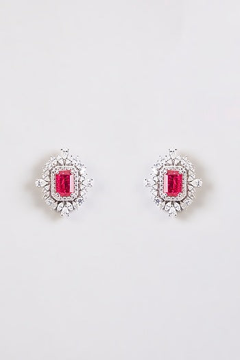White Finish Zircon & Red Stone Stud Earrings In Sterling Silver
