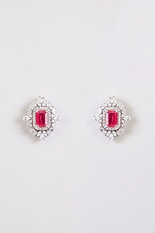 White Finish Zircon & Red Stone Stud Earrings In Sterling Silver