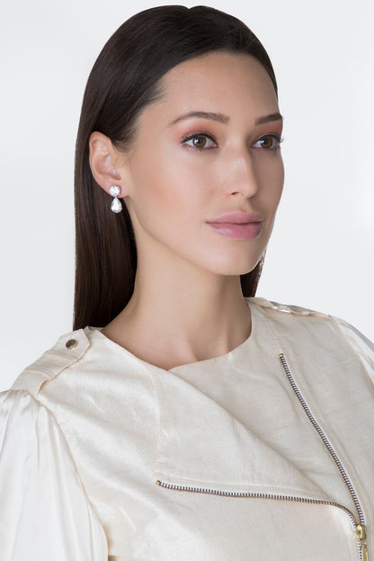 White Finish Round & Pear Cut Swarovski Earrings