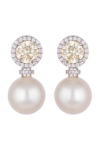 White Finish Round Swarovski & Pearl Earrings