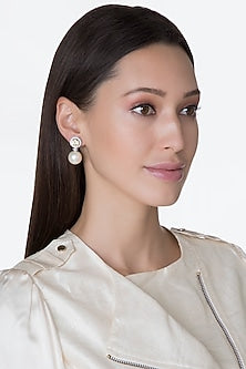 White Finish Round Swarovski & Pearl Earrings