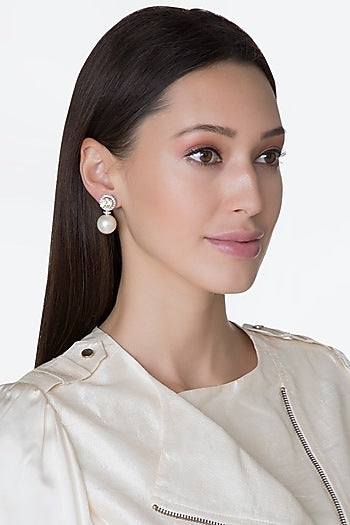 White Finish Round Swarovski & Pearl Earrings