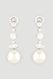 White Finish Pearl Dangler Earrings In Sterling Silver