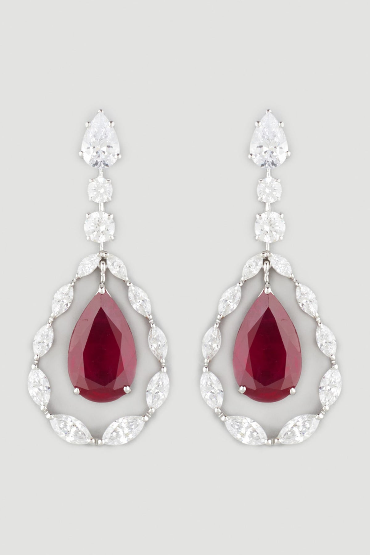White Finish Red Crystal Earrings In Sterling Silver