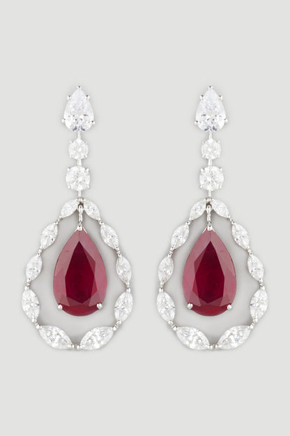 White Finish Red Crystal Earrings In Sterling Silver