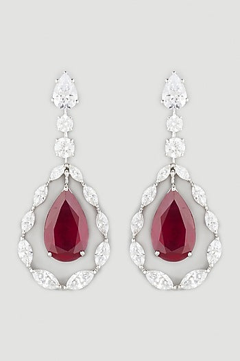 White Finish Red Crystal Earrings In Sterling Silver