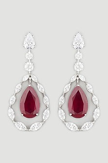 White Finish Red Crystal Earrings In Sterling Silver
