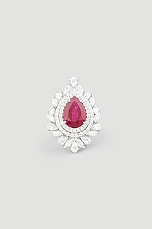 White Finish Red Pear-Cut Swarovski Zirconia Ring In 92.5 Sterling Silver