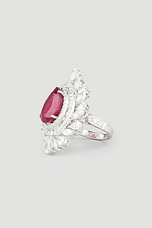 White Finish Red Pear-Cut Swarovski Zirconia Ring In 92.5 Sterling Silver