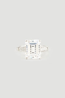 White Finish Emerald-Cut Swarovski Zirconia Ring In 92.5 Sterling Silver