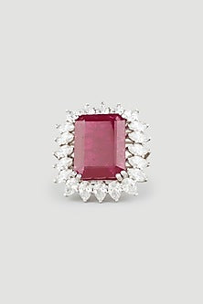 White Finish Red Stone Ring In Sterling Silver