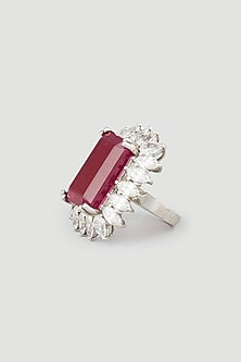 White Finish Red Stone Ring In Sterling Silver