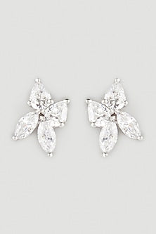 White Finish Swarovski Zirconia Stud Floral Earrings In Sterling Silver