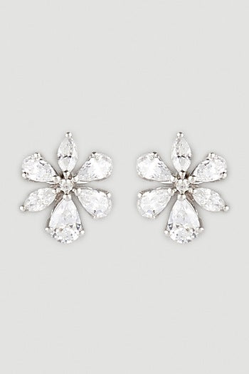 White Finish Swarovski Zirconia Floral Earrings In Sterling Silver