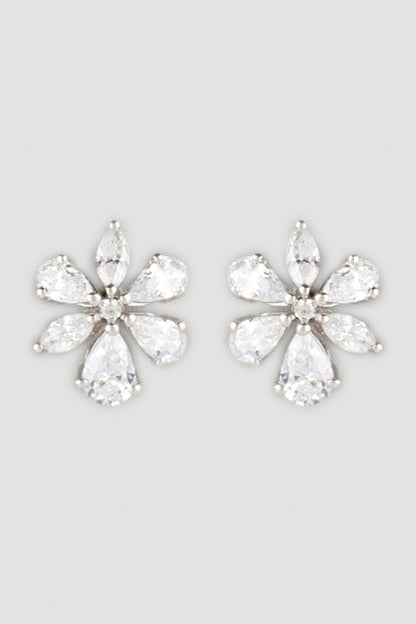 White Finish Swarovski Zirconia Floral Earrings In Sterling Silver