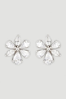 White Finish Swarovski Zirconia Floral Earrings In Sterling Silver