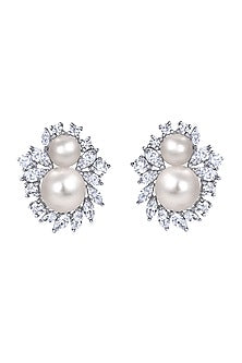 White Finish Pearls & Swarovski Earclips In Sterling Silver